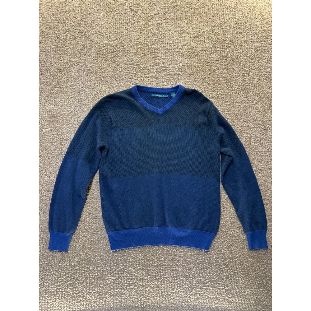 Perry Ellis Mens Blue V-Neck Textured Knit Colorblock Sweater Size M